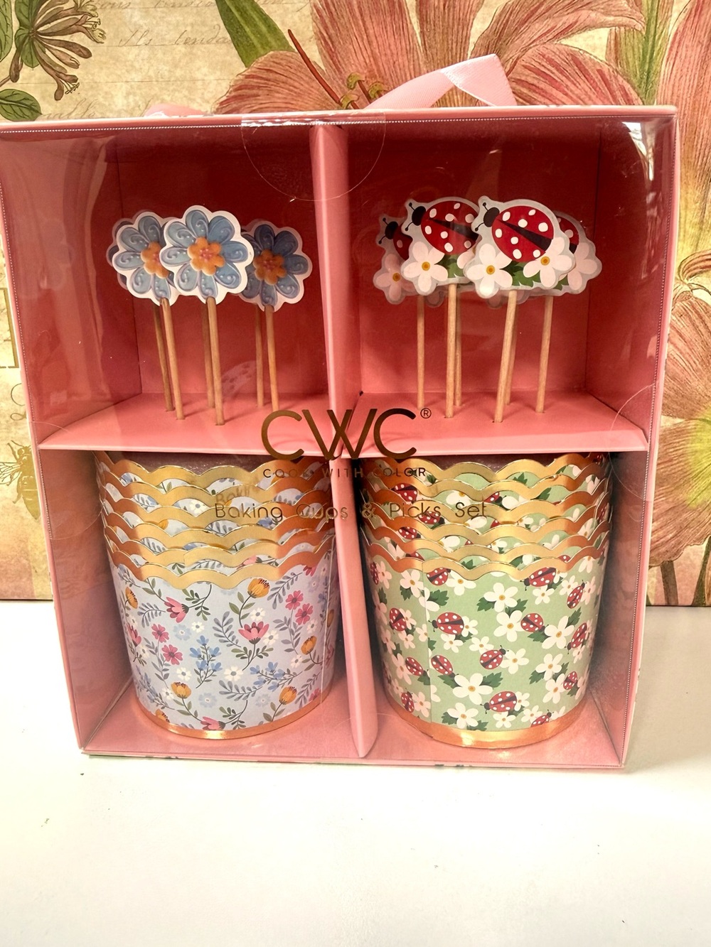 CWC Floral & Ladybug Cupcake Baking Cups and Picks Set - NIB